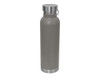A drink bottle in a sleek, matte grey finish with a stainless steel lid and bottom, featuring a carry lid.