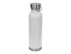 A drink bottle in white with a stainless steel lid and bottom, featuring a handle and a logo.