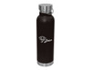 A drink bottle in black stainless steel with a silver lid and a logo. Ideal for carrying beverages.