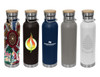 A drink bottle collection featuring five designs, including various colours and bamboo lids. Each has a metallic body and a logo.