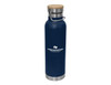 A drink bottle featuring a navy blue finish, stainless steel base, and a bamboo lid. It includes a logo on the front.