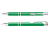 A metal pen with a green body and silver accents, featuring a logo on the clip.