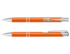 An orange metal pen with silver accents, featuring a logo on its side.