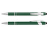 A green stylus pen with silver accents, featuring a retractable mechanism and a stylus tip.