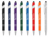 A collection of Colombo Stylus Pens in black, purple, blue, green, red, orange, and silver, each featuring a logo.