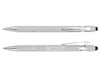 A grey stylus pen with chrome accents and a branding logo. Two styles are displayed, featuring smooth design elements.