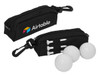 A black pouch with a logo, containing three golf balls and three white tees.
