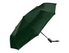 A dark green fold-up umbrella with a black handle and a logo on the side.