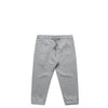 Grey kids' track pants made from soft fabric with an elastic waistband and pockets. Features logo detail.