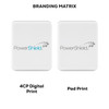 A white magnetic wireless power bank with a logo, featuring a smooth rectangular design.