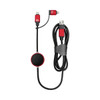 A red and black fast charging data cable with a circular switch and multiple connector ends, featuring a branding logo.