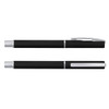 A rollerball pen in black with silver accents, featuring a smooth design and a clip for easy attachment.