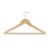 A wooden hanger in a light, natural wood colour with a metal hook.
