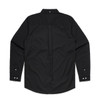 A black denim wash shirt with long sleeves and a button-up design, featuring a logo on the back.