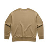 A beige crew jumper with a simple, unadorned design and ribbed cuffs. It features a branding logo.