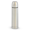 A drink bottle with a sleek silver stainless steel design, featuring a rounded top and a branding logo.