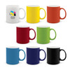 A set of eight coffee mugs in various colours: white, yellow, orange, red, green, blue, black, and a logo on one mug.