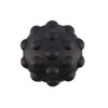 A black spherical toy featuring raised bumps on its surface, designed for tactile interaction. It has a branding logo.