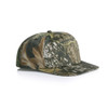 A camo cap featuring a blend of greens, browns, and earthy tones, with a structured design and a logo on the front.