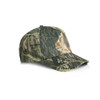 A soft camo cap in shades of green and brown with a curved brim and a logo on the side.