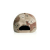 A camouflage cap in shades of tan, brown, and green, featuring a snapback closure and a small logo.