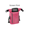 A pink waterproof crossbody handlebar bag with adjustable straps and a transparent front pocket. It features a logo.