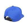 A blue cap with a curved brim and an adjustable back strap, featuring a logo on the side.