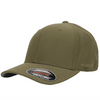 An olive green cap with a textured fabric, featuring a logo on the side and a curved brim.
