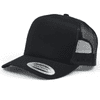 A black trucker cap with a mesh back and a flat brim, featuring a logo on the front.