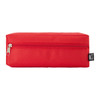 A red utility case with a zip closure and a branding label on the side.