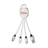 A multi-use charging cable in white and silver, featuring three different connectors and a branding logo.