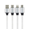 A charging cable featuring a braided white design with silver connectors for USB, USB-C, and Lightning devices.