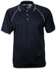 A navy polo shirt with short sleeves and contrasting white piping, featuring a three-button placket and a logo.