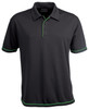 A black polo shirt featuring green piping, with a collar and three-button placket. It has a logo on the chest.