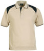 A beige men's polo shirt with navy accents and a collar, featuring a logo on the chest.