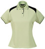 A light green polo shirt with black accents, featuring a collar and three-button placket. It has a logo on the chest.