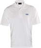 A white polo shirt featuring a logo on the chest, designed for men.
