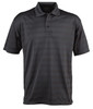 A black striped polo shirt with a collar and three buttons, featuring a logo on the upper left side.