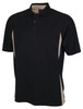 A black polo shirt with beige side panels and a collar, featuring a logo on the front.