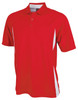 A red polo shirt with white side panels and a collar, featuring a logo on the chest.