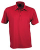 A red polo shirt featuring a classic collar and button placket, with a logo on the chest.