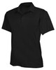 A black polo shirt with a collar and short sleeves, featuring a logo on the chest.