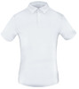 A white polo shirt featuring a collar and short sleeves, with a logo on the chest.