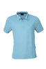 Light blue short-sleeve polo shirt with a collar and a branding logo. Features three buttons at the neck.