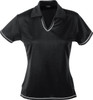A black ladies' polo shirt with a V-neck and contrasting trim, featuring a logo.