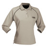 A long sleeve ladies polo shirt in light beige with a collar and a logo on the front.