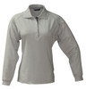 A light grey long-sleeve polo shirt for women with a collar and buttons, featuring a logo.