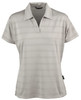 A light grey ladies' polo shirt featuring a striped design and a classic collar. It includes a branding label.