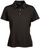 A black ladies' polo shirt featuring a collar and a button placket, with a branding logo.