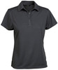 A dark grey ladies' polo shirt with a collar and button placket, featuring a logo on the side.